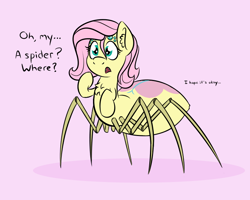 Size: 750x600 | Tagged: safe, artist:glimglam, fluttershy, monster pony, original species, spider, spiderpony, comic:children of everfree, adoracreepy, chest fluff, cute, dialogue, multiple eyes, oblivious, open mouth, pink background, shyabetes, simple background, solo, species swap, spidershy, surprised