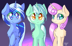 Size: 1280x828 | Tagged: safe, artist:kawaiipony2, lyra heartstrings, minuette, twinkleshine, pony, unicorn, adorableshine, chest fluff, colored pupils, cute, female, fluffy, leg fluff, looking at you, lyrabetes, mare, minubetes, raised hoof, shoulder fluff, smiling