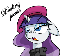 Size: 781x697 | Tagged: artist needed, safe, edit, rarity, pony, unicorn, ask mademoiselle rarity, beatnik rarity, beret, bust, clothes, darling, female, hat, mare, simple background, solo, sweater, white background