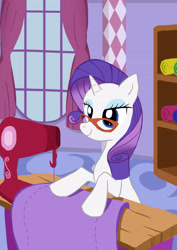 Size: 2480x3508 | Tagged: safe, artist:neoshrek, rarity, pony, unicorn, carousel boutique, fabric, female, mare, pixiv, rarity's glasses, sewing, sewing machine, solo