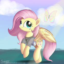 Size: 2000x2000 | Tagged: safe, artist:songbirdserenade, fluttershy, butterfly, pegasus, pony, clothes, cloud, cute, female, high res, jewelry, mare, necklace, shyabetes, smiling, solo