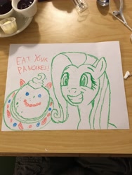 Size: 3024x4032 | Tagged: safe, artist:trini-mite, derpibooru exclusive, fluttershy, pegasus, pony, absurd resolution, food, pancakes, restaurant, traditional art