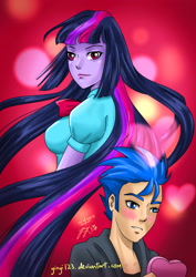 Size: 2893x4092 | Tagged: safe, artist:zakurarain, derpibooru import, flash sentry, twilight sparkle, twilight sparkle (alicorn), alicorn, equestria girls, blushing, female, flashlight, male, shipping, straight, valentine, valentine's day