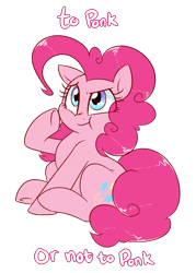 Size: 1000x1400 | Tagged: safe, artist:notenoughapples, pinkie pie, pony, cute, diapinkes, eye clipping through hair, ponk, redraw, scrunchy face, shakespeare, simple background, sitting, solo, thinking, to be or not to be, transparent background, underhoof