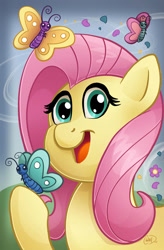 Size: 750x1141 | Tagged: safe, artist:christadoodles, fluttershy, butterfly, pegasus, pony, bust, hoof hold, looking at you, open mouth, portrait, smiling, solo