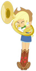 Size: 2600x5050 | Tagged: safe, artist:discorded-joker, applejack, equestria girls, blowing, boots, clothes, cowboy boots, cowboy hat, cowgirl, denim skirt, eyes closed, facing the wrong way, hat, musical instrument, playing, playing instrument, shoes, simple background, skirt, solo, sousaphone, stetson, transparent background, trying hard, tuba, vector