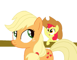 Size: 443x343 | Tagged: safe, artist:ppptly, apple bloom, applejack, earth pony, pony, blonde hair, female, filly, mare, orange coat, red mane, sisters