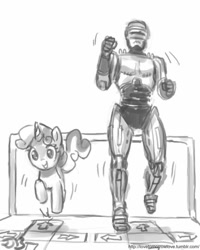 Size: 680x850 | Tagged: safe, artist:johnjoseco, sweetie belle, human, crossover, dance dance revolution, grayscale, monochrome, rhythm game, robocop, wat