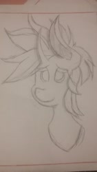 Size: 1836x3264 | Tagged: safe, artist:treble clefé, rarity, pony, unicorn, alternate hairstyle, bust, curved horn, horn, monochrome, photo, punk, raripunk, solo, traditional art