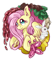 Size: 5500x6000 | Tagged: safe, artist:waffleponypanda, angel bunny, fluttershy, pegasus, pony, absurd resolution, bust, duo, element of kindness, flower, looking at you, looking up, portrait