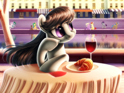 Size: 1600x1200 | Tagged: safe, artist:chryseum, octavia melody, sunshower raindrops, earth pony, pony, beautiful, croissant, detailed, female, food, glass, hoof on cheek, mare, plate, scenery, sitting, smiling, table, windswept mane, wine