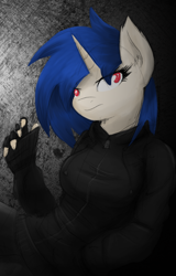 Size: 688x1078 | Tagged: safe, artist:ninjapony, dj pon-3, vinyl scratch, anthro, breasts, clothes, female, fingerless gloves, gloves, hoodie, jacket, solo, vinyl stacked