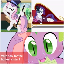 Size: 2896x2896 | Tagged: safe, edit, edited screencap, screencap, rarity, spike, sweetie belle, dragon, pony, unicorn, growing up is hard to do, rarity investigates, cane, comparison, fainting couch, female, male, older, older sweetie belle, sweat, sweating profusely, voting