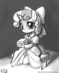 Size: 680x850 | Tagged: safe, artist:johnjoseco, sweetie belle, box, clothes, cute, diasweetes, dress, grayscale, hoof hold, looking at you, monochrome, sitting, smiling, solo