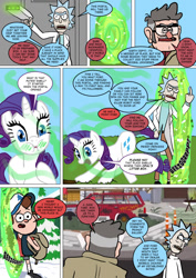 Size: 800x1133 | Tagged: safe, artist:imbriaart, rarity, human, pony, unicorn, comic:magic princess war, car, clothes, comic, crossover, dipper pines, ford pines, gravity falls, middle finger, portal, rick and morty, rick sanchez, tree, vulgar
