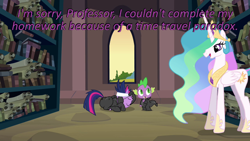 Size: 640x360 | Tagged: safe, edit, edited screencap, screencap, princess celestia, spike, twilight sparkle, alicorn, dragon, pony, it's about time, book, canterlot archives, canterlot library, caption, cards against humanity, image macro, purple text, scroll, text, trio