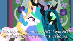 Size: 640x360 | Tagged: safe, edit, edited screencap, screencap, princess celestia, queen chrysalis, alicorn, changeling, changeling queen, pony, a canterlot wedding, angry, caption, cards against humanity, duo, female, fight, image macro, text