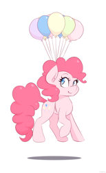 Size: 960x1560 | Tagged: safe, artist:thebatfang, pinkie pie, earth pony, pony, balloon, ear fluff, female, floating, mare, simple background, smiling, solo, then watch her balloons lift her up to the sky, white background