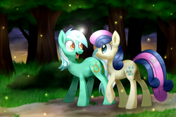 Size: 1024x683 | Tagged: safe, artist:scarlet-spectrum, bon bon, lyra heartstrings, sweetie drops, earth pony, firefly (insect), pony, unicorn, colored pupils, duo, duo female, female, glowing horn, grass, happy, looking at each other, magic, mare, open mouth, path, raised hoof, smiling, speedpaint, stroll, tree, twilight (astronomy), walking