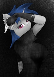 Size: 750x1066 | Tagged: safe, artist:ninjapony, dj pon-3, vinyl scratch, anthro, big breasts, breasts, clothes, female, fingerless gloves, gloves, nudity, piercing, sideboob, solo, vinyl stacked