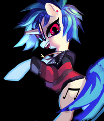 Size: 800x933 | Tagged: safe, artist:shacklefunk, dj pon-3, vinyl scratch, pony, unicorn, black background, clothes, female, mare, ozzy osbourne, piercing, simple background, solo