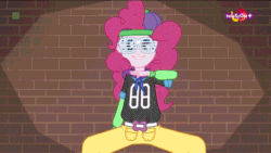 Size: 576x324 | Tagged: safe, edit, edited screencap, screencap, pinkie pie, dance magic, equestria girls, spoiler:eqg specials, animated, clothes, dance magic (song), gif, kris kross, logo, rapper pie, rapping, reversed, solo, teletoon