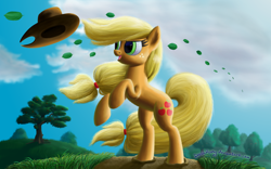 Size: 2000x1250 | Tagged: safe, artist:deathpwny, applejack, earth pony, pony, rearing, solo, windswept mane