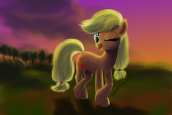 Size: 3000x2000 | Tagged: safe, artist:deathpwny, applejack, earth pony, pony, detailed background, female, freckles, mare, missing accessory, solo, speedpaint, wink, winking at you