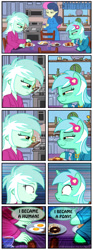 Size: 925x2484 | Tagged: safe, artist:ponymaan, bon bon, lyra heartstrings, sweetie drops, comic:lyra-lyra's bizarre adventure, equestria girls, rainbow rocks, breakfast, clothes, comic, human ponidox, robe, sleeping