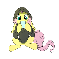 Size: 2000x2000 | Tagged: safe, artist:vistamage, fluttershy, pegasus, pony, clothes, cup, drinking, high res, hoodie, hoof hold, looking at something, simple background, sitting, sketch, solo, transparent background