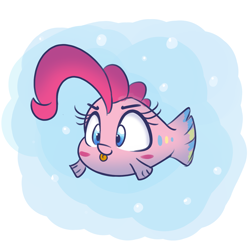 Size: 1280x1280 | Tagged: safe, artist:heir-of-rick, pinkie pie, fish, :p, big eyes, blush sticker, blushing, bubble, cute, diapinkes, fishified, maybe salmon, smiling, smirk, solo, species swap, swimming, tongue out, underwater