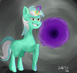 Size: 3600x3400 | Tagged: safe, artist:passigcamel, lyra heartstrings, dark magic, evil grin, grin, looking at you, magic, missing cutie mark, portal, raised hoof, smiling, smug, solo