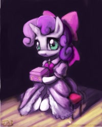 Size: 708x885 | Tagged: safe, artist:johnjoseco, artist:raikoh, sweetie belle, unicorn, bow, box, clothes, cute, diasweetes, dress, female, filly, foal, hair bow, hoof hold, horn, looking at you, sitting, smiling, solo, stool