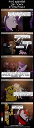 Size: 462x1728 | Tagged: safe, artist:drawponies, derpibooru import, button mash, fluttershy, rarity, sweetie belle, twilight sparkle, oc, oc:blackjack, pegasus, pony, unicorn, bonnie, chica, comic, crossover, five nights at freddy's, golden freddy