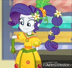 Size: 750x710 | Tagged: safe, screencap, rarity, better together, equestria girls, holidays unwrapped, clothes, cornucopia costumes, costume, cropped, dress, inflatable dress, o come all ye squashful, solo