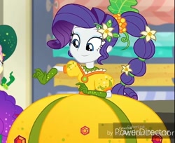 Size: 750x613 | Tagged: safe, screencap, rarity, better together, equestria girls, holidays unwrapped, clothes, cornucopia costumes, costume, cropped, dress, inflatable dress, o come all ye squashful, solo