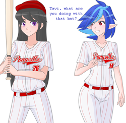 Size: 1232x1200 | Tagged: safe, artist:jonfawkes, dj pon-3, octavia melody, vinyl scratch, human, ask human octavia, baseball, baseball bat, baseball cap, elf ears, hat, humanized