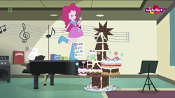 Size: 1920x1080 | Tagged: safe, screencap, pinkie pie, dance magic, equestria girls, spoiler:eqg specials, balloon, book, boots, bracelet, cake, castle, chocolate cake, clothes, cute, food, high heel boots, jewelry, lidded eyes, music notes, piano, raised leg, skirt, solo, teletoon, twilight's castle