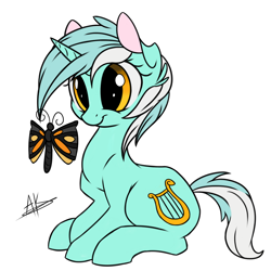 Size: 1100x1100 | Tagged: safe, artist:thezealotnightmare, lyra heartstrings, butterfly, cute, simple background, sitting, smiling, solo