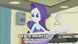 Size: 1024x576 | Tagged: safe, edit, screencap, rarity, fanfic:past sins, equestria girls, rainbow rocks, caption, female, solo, speaker, text