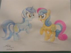 Size: 4320x3240 | Tagged: safe, artist:stepandy, bon bon, lyra heartstrings, sweetie drops, earth pony, pony, unicorn, blushing, female, lesbian, lyrabon, mare, shipping, traditional art