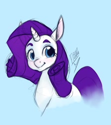 Size: 1024x1146 | Tagged: safe, artist:thatweirdpigeonlady, rarity, pony, unicorn, blue background, cute, female, mare, raribetes, simple background, sketch, smiling, solo