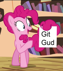 Size: 717x810 | Tagged: safe, edit, edited screencap, screencap, pinkie pie, pony, three's a crowd, cropped, dark souls, exploitable meme, git gud, meme, pinkie's exciting flyer, prehensile tail, solo, tail hold