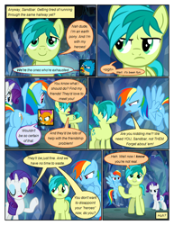 Size: 612x792 | Tagged: safe, artist:newbiespud, edit, edited screencap, screencap, gallus, rarity, sandbar, smolder, dragon, earth pony, griffon, pegasus, pony, unicorn, comic:friendship is dragons, what lies beneath, annoyed, comic, crossed arms, dialogue, dragoness, eyes closed, female, flying, frown, grin, male, pointing, raised hoof, screencap comic, smiling