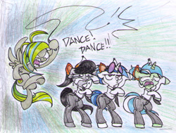 Size: 1111x841 | Tagged: safe, artist:pandan009, dj pon-3, lyra heartstrings, octavia melody, vinyl scratch, oc, oc:screwpine, earth pony, pony, bipedal, clothes, context is for the weak, dancing, duckface, pants, whip