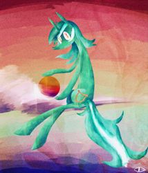 Size: 855x1000 | Tagged: safe, artist:wisewatcher, lyra heartstrings, pony, unicorn, cloud, looking at you, sky, smiling, solo, sun, surreal