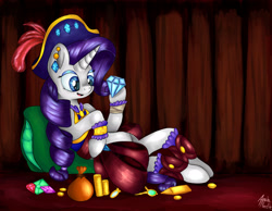 Size: 2722x2115 | Tagged: safe, artist:appleneedle, rarity, pony, unicorn, my little pony: the movie, bag, clothes, coin, cute, diamonds, female, hat, high res, jewels, looking at something, mare, open mouth, pillow, pirate, pirate hat, pirate rarity, raribetes, solo