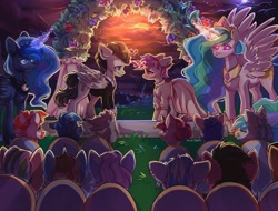 Size: 2690x2048 | Tagged: safe, artist:crybaby, princess celestia, princess luna, oc, oc:pipe dream, oc:technical circuits, alicorn, pegasus, pony, unicorn, audience, clothes, digital art, dress, female, glowing horn, high res, looking at each other, male, mare, marriage, oc x oc, shipping, signature, stallion, straight, sunset, wedding, wedding dress, ych result