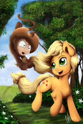 Size: 1200x1800 | Tagged: safe, artist:salterino, applejack, oc, earth pony, monkey, pony, applejack's hat, blonde, blonde mane, blonde tail, detailed background, female, freckles, green eyes, looking back, mare, open mouth, orange coat, smiling