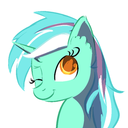 Size: 600x600 | Tagged: safe, artist:cheshiresdesires, lyra heartstrings, pony, unicorn, bust, colored pupils, ear fluff, one eye closed, portrait, simple background, smiling, solo, white background, wink